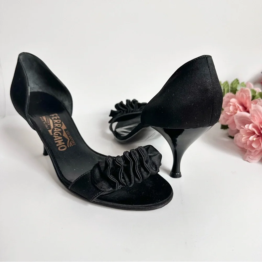 SALVATORE FERRAGAMO Black Satin D'Orsay Ruffle Open Toe High Heel Pumps